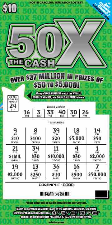 50X The Cash scratchcard - game number #922 - front-scratched