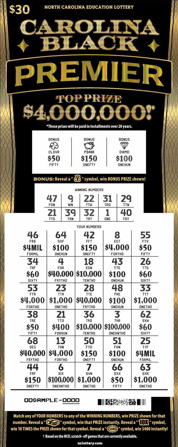Carolina Black Premier scratchcard - game number #4 - front-scratched