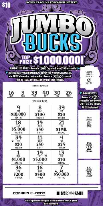 Jumbo Bucks scratchcard - game number #888 - front-scratched