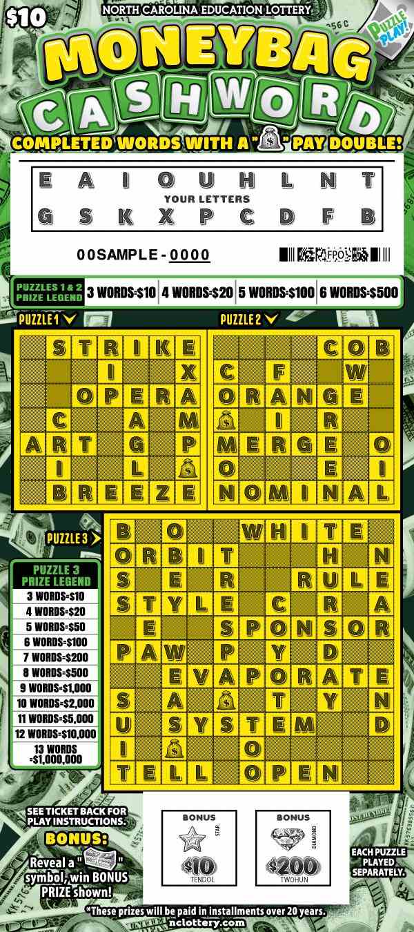 Moneybag Cashword scratchcard - game number #61 - front-scratched