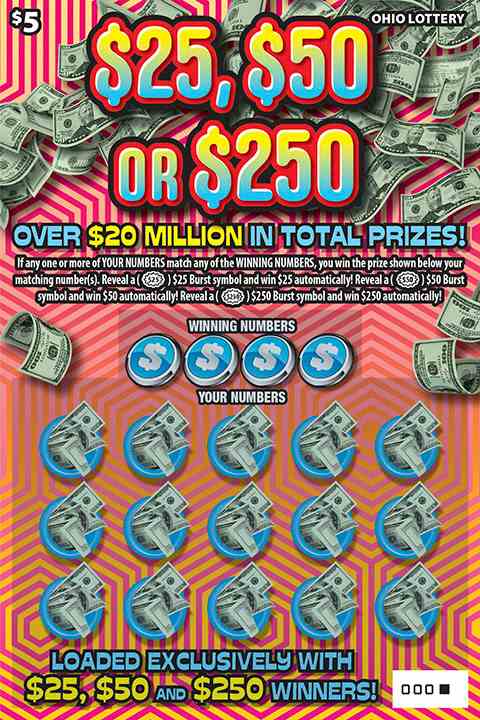 $25, $50 Or $250 scratchcard - game number #1050 - front