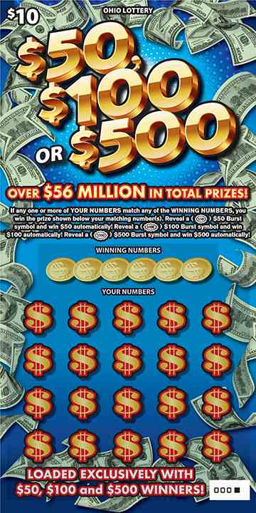 $50, $100 Or $500 scratchcard - game number #1055 - front