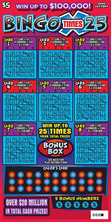 Bingo Times 25 scratchcard - game number #1038 - front