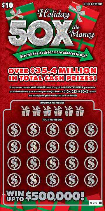 Holiday 50X The Money scratchcard - game number #1109 - front