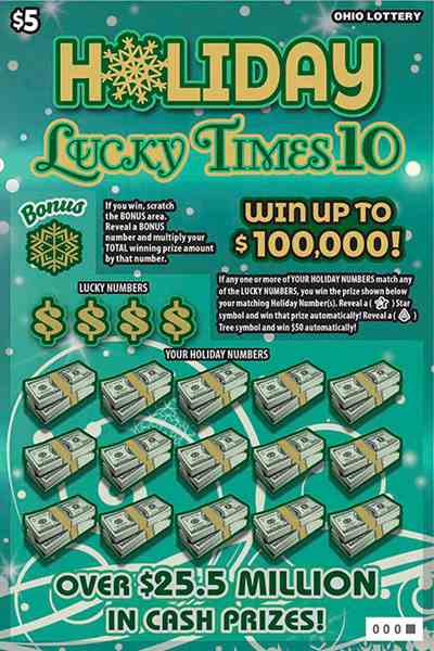 Holiday Lucky Times 10 scratchcard - game number #1108 - front