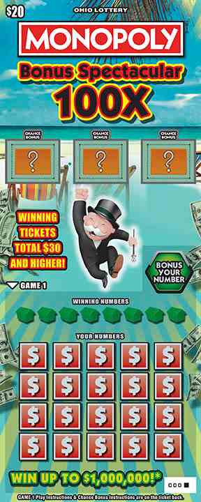 Monopoly Bonus Spectacular 100X scratchcard - game number #1013 - front