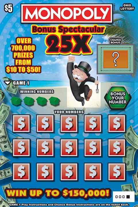 Monopoly Bonus Spectacular 25X scratchcard - game number #1011 - front