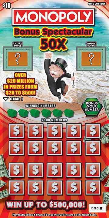 Monopoly Bonus Spectacular 50X scratchcard - game number #1012 - front