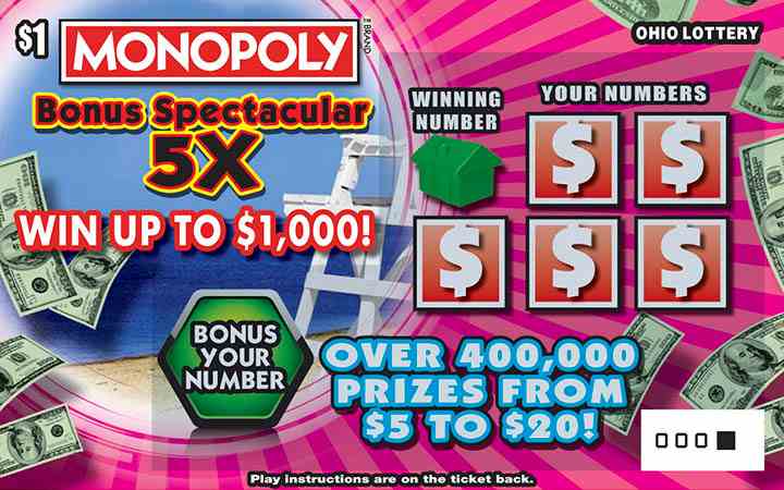 Monopoly Bonus Spectacular 5X scratchcard - game number #1009 - front