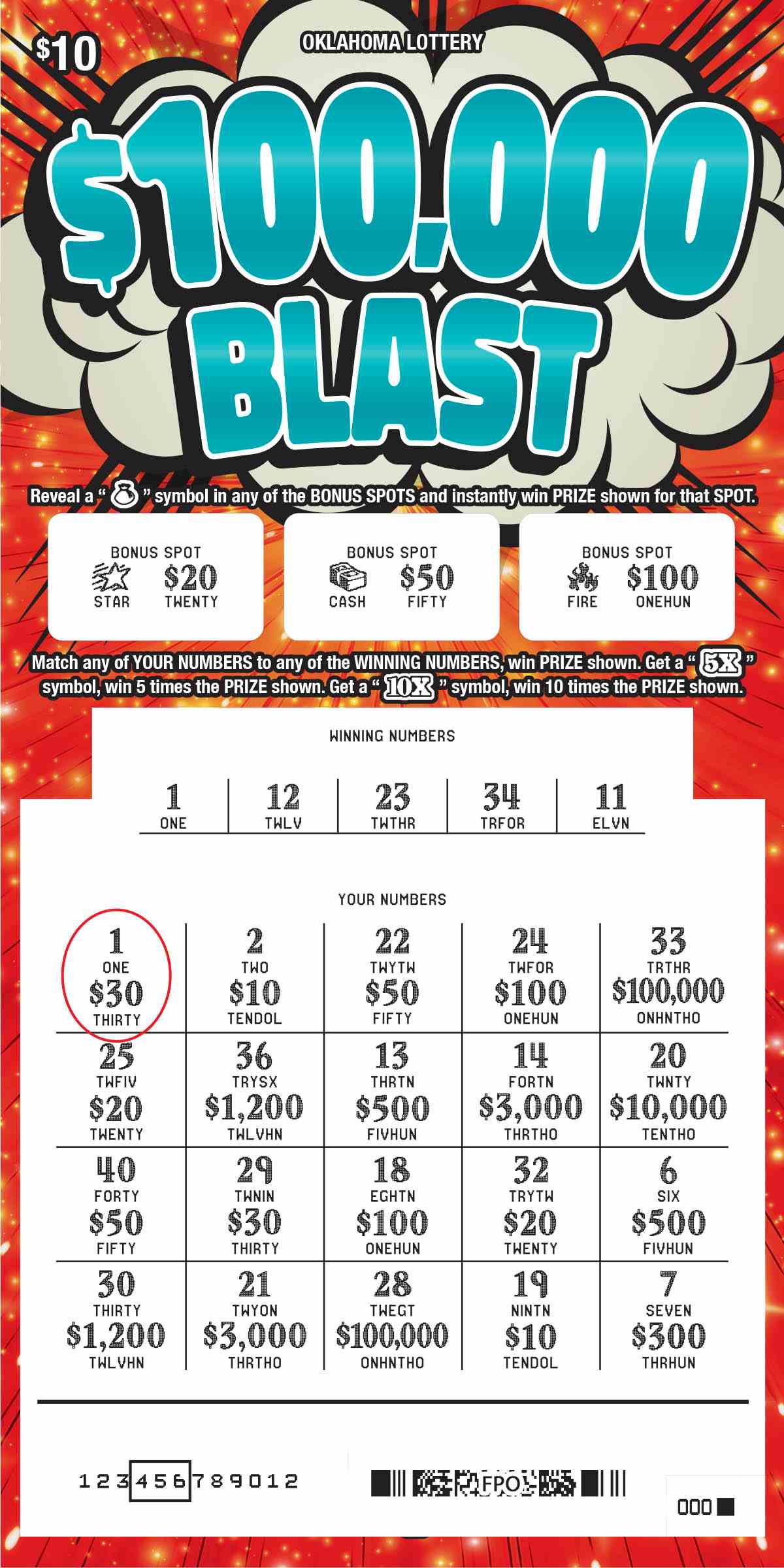 $100,000 Blast scratchcard - game number #746 - front-scratched