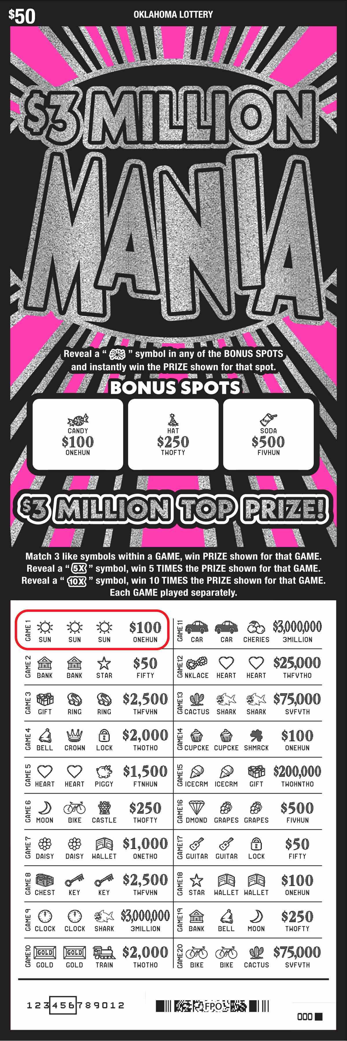 $3 Million Mania scratchcard - game number #721 - front-scratched