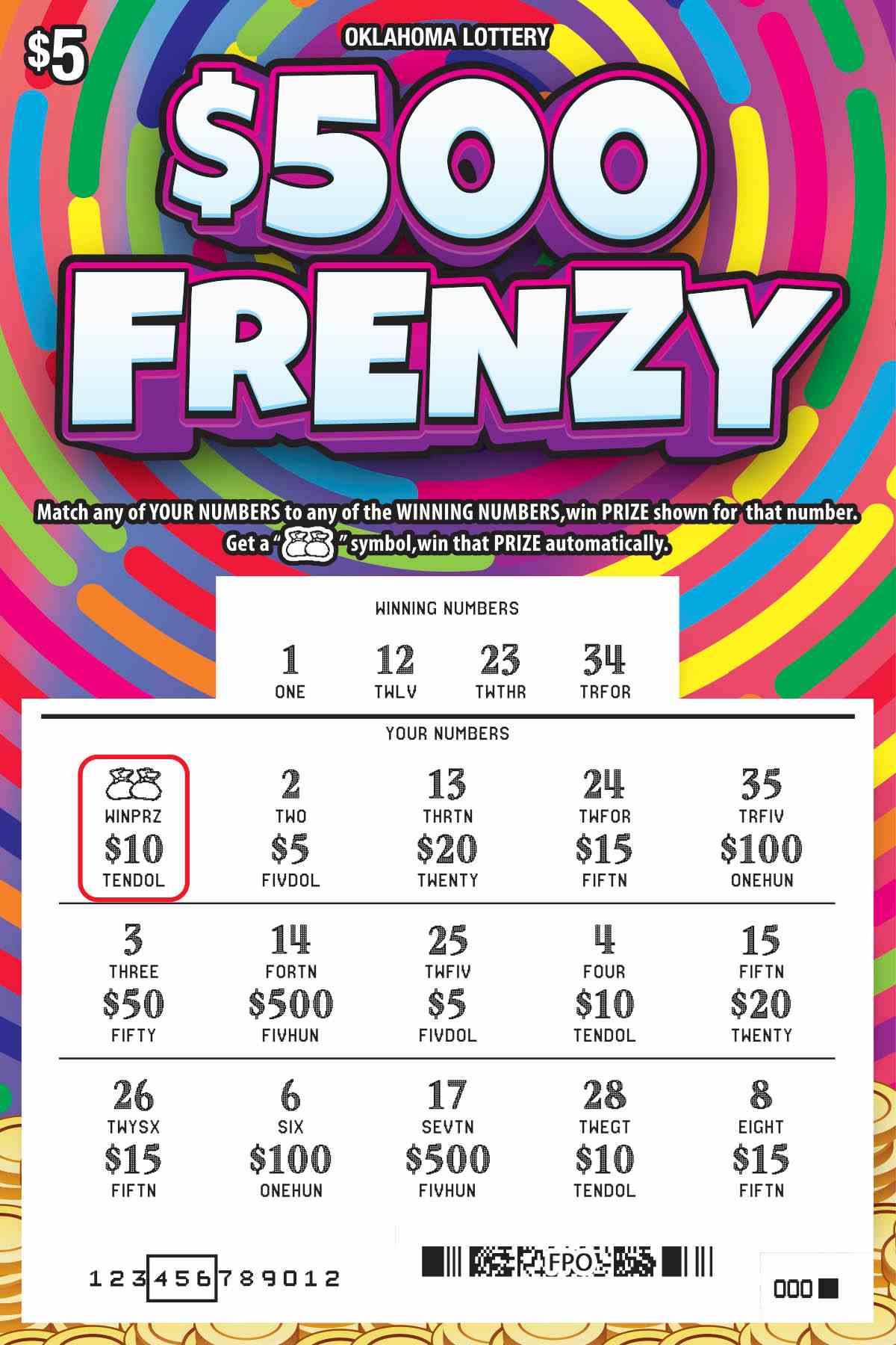 $500 Frenzy scratchcard - game number #759 - front-scratched