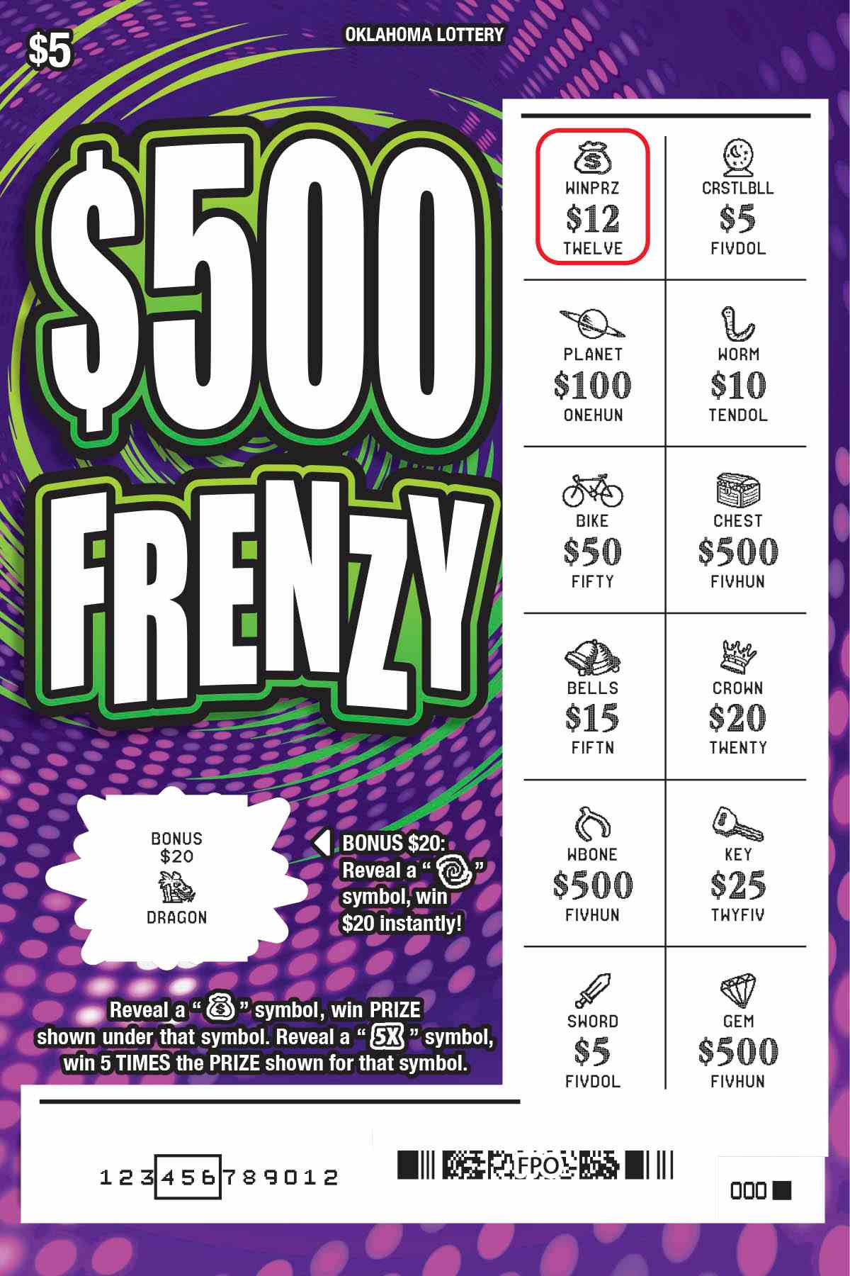 $500 Frenzy scratchcard - game number #820 - front-scratched