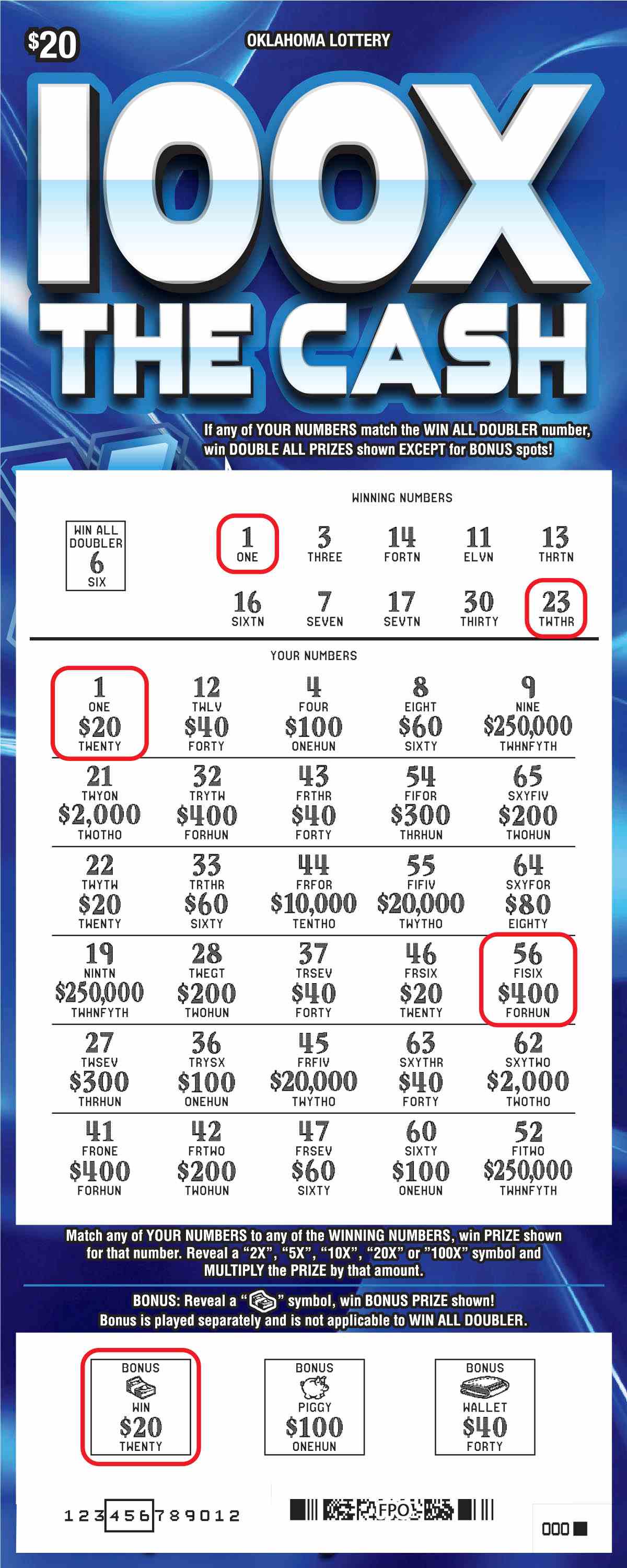 100X The Cash scratchcard - game number #789 - front-scratched