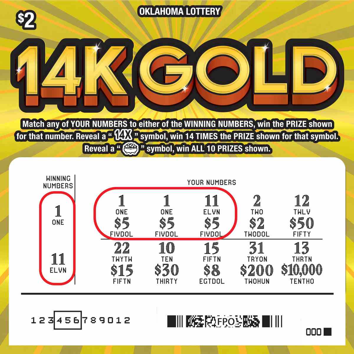 14K Gold scratchcard - game number #853 - front-scratched