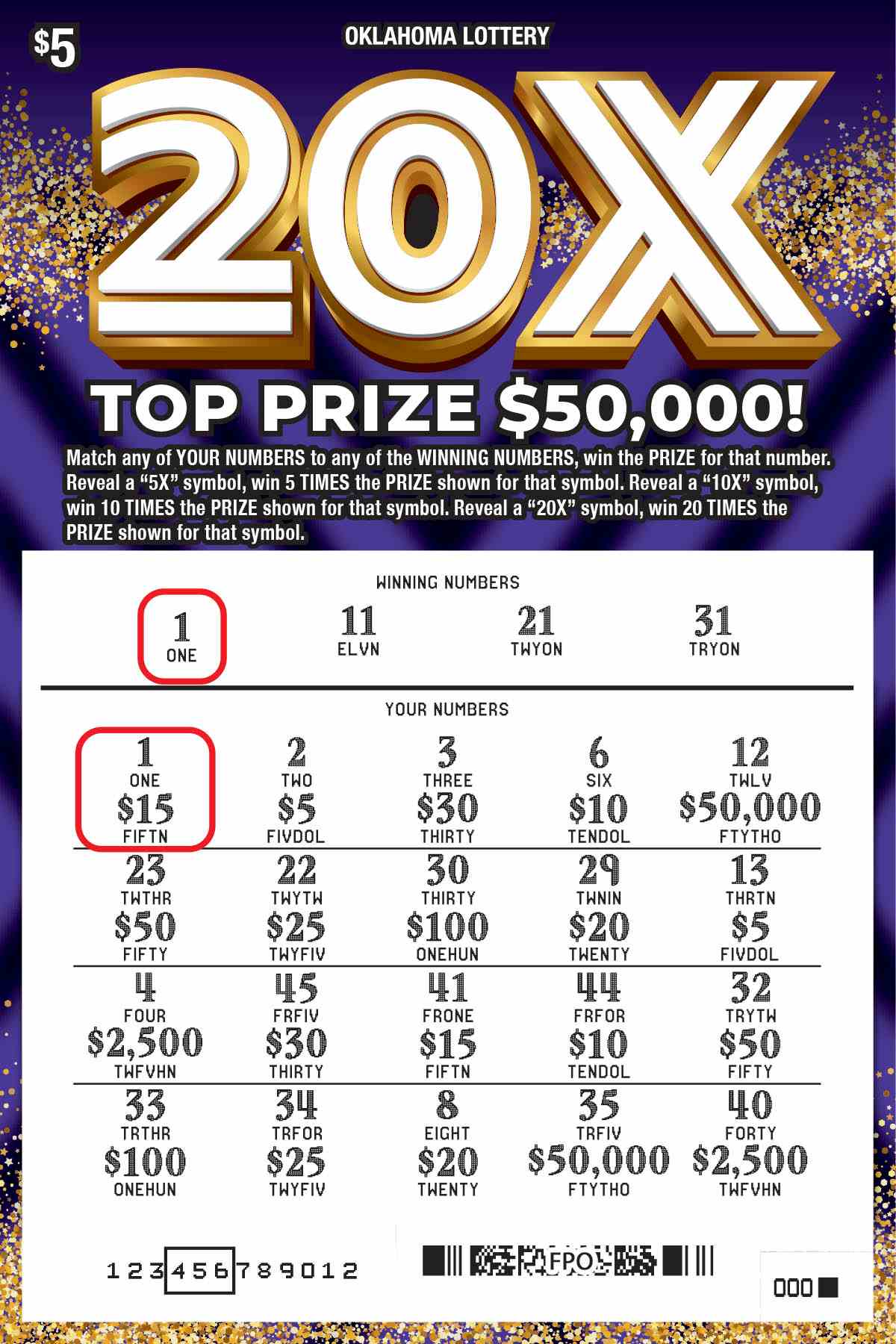 20X scratchcard - game number #797 - front-scratched