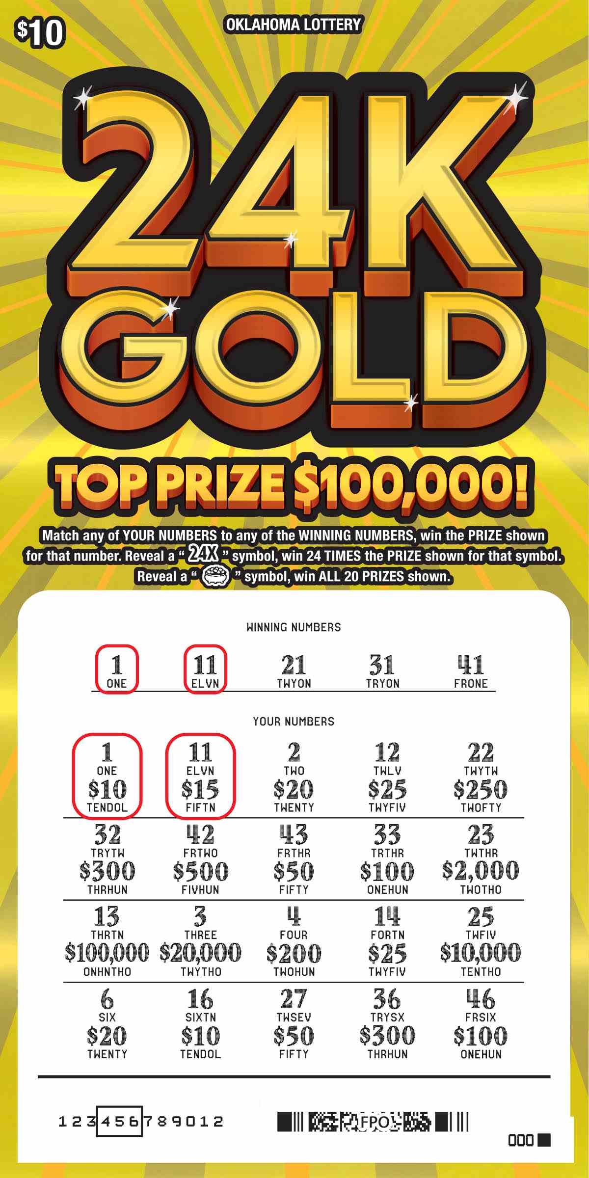 24K Gold scratchcard - game number #855 - front-scratched