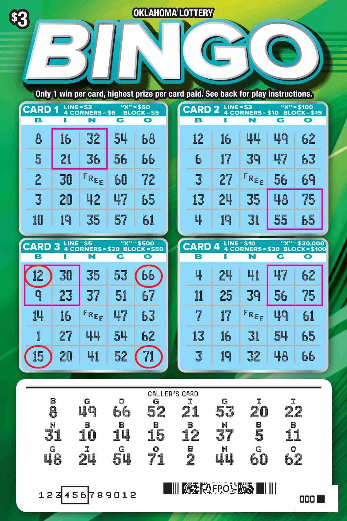 Bingo scratchcard - game number #732 - front-scratched