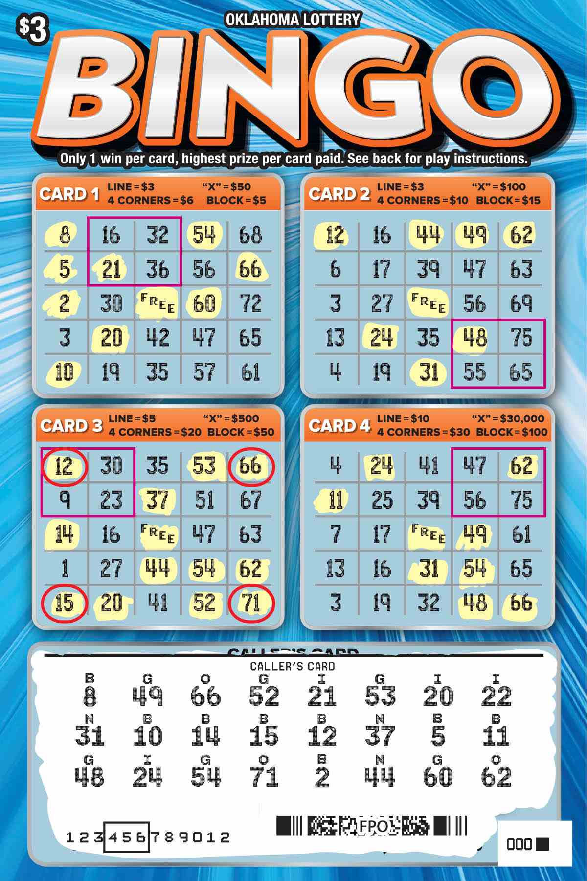 Bingo scratchcard - game number #783 - front-scratched