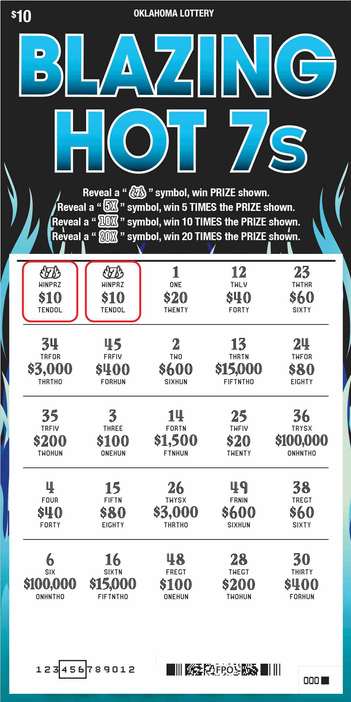 Blazing Hot 7S scratchcard - game number #765 - front-scratched