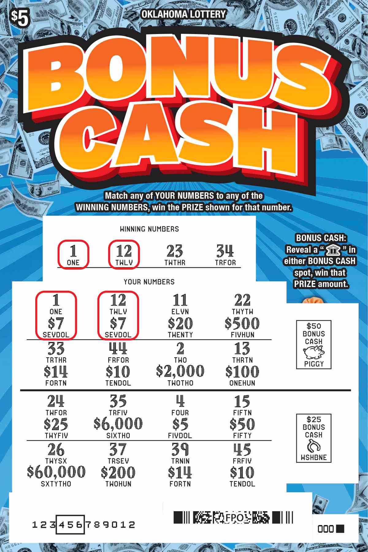 Bonus Cash scratchcard - game number #800 - front-scratched