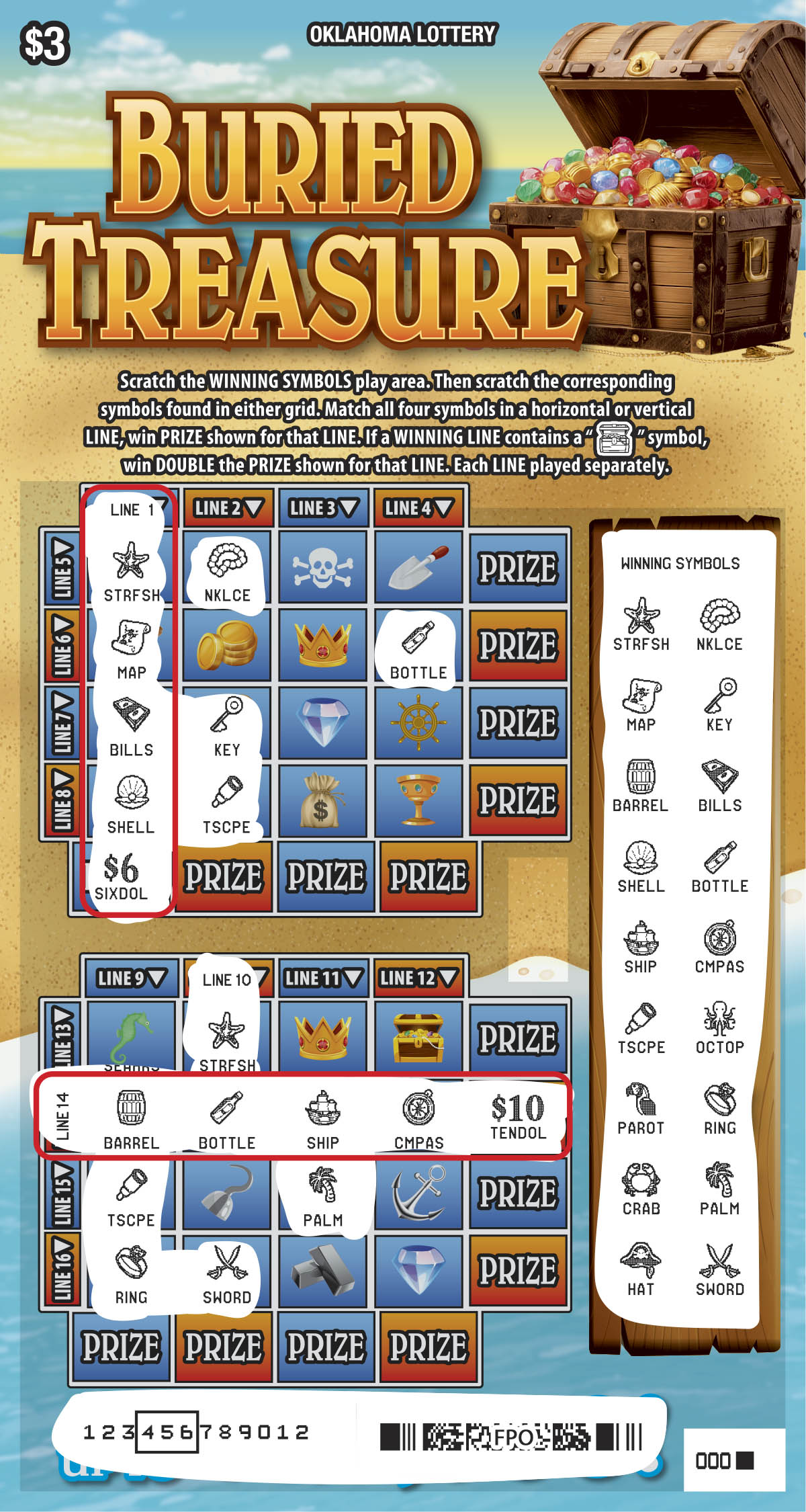 Buried Treasure scratchcard - game number #845 - front-scratched