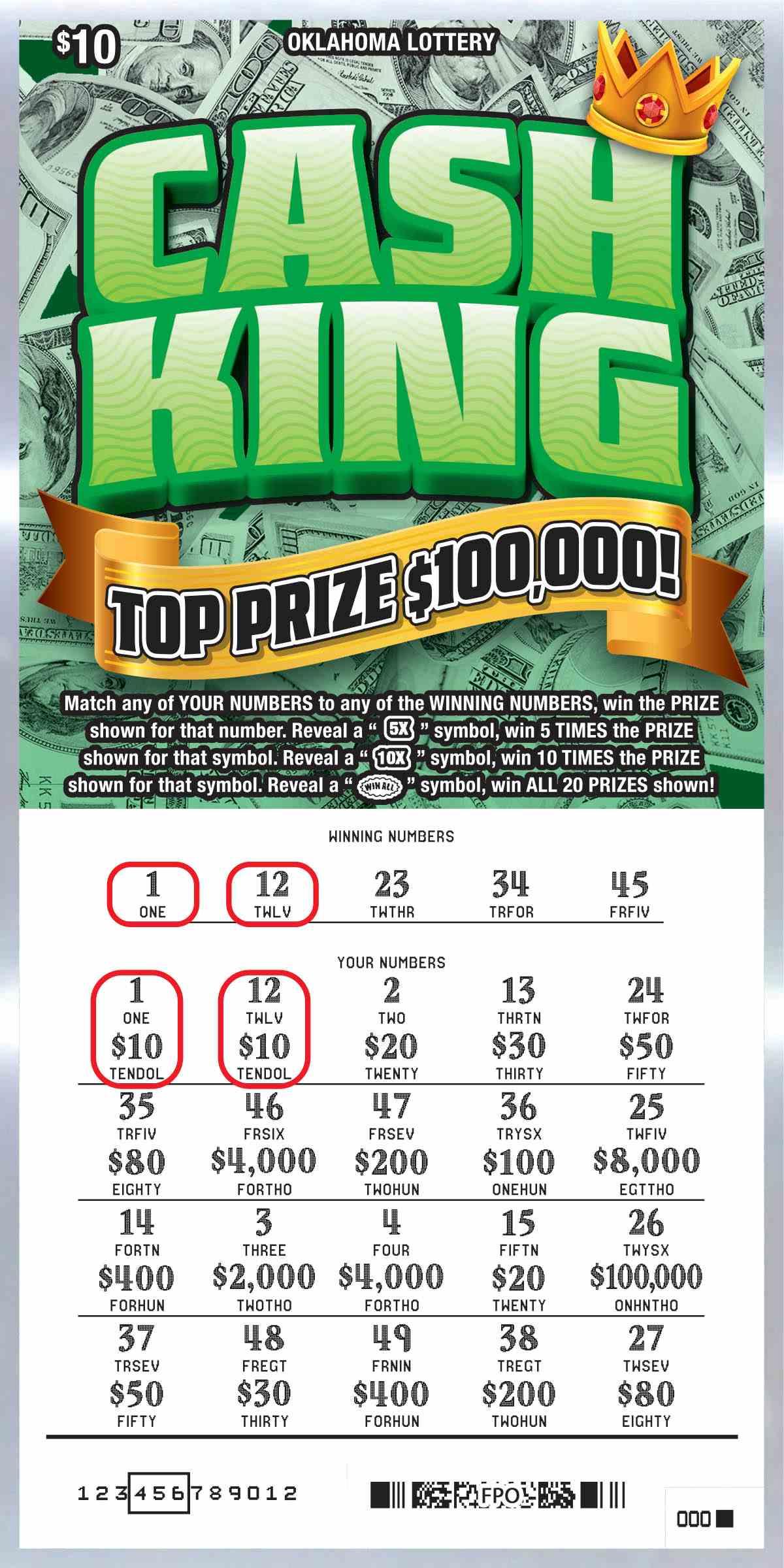 Cash King scratchcard - game number #830 - front-scratched