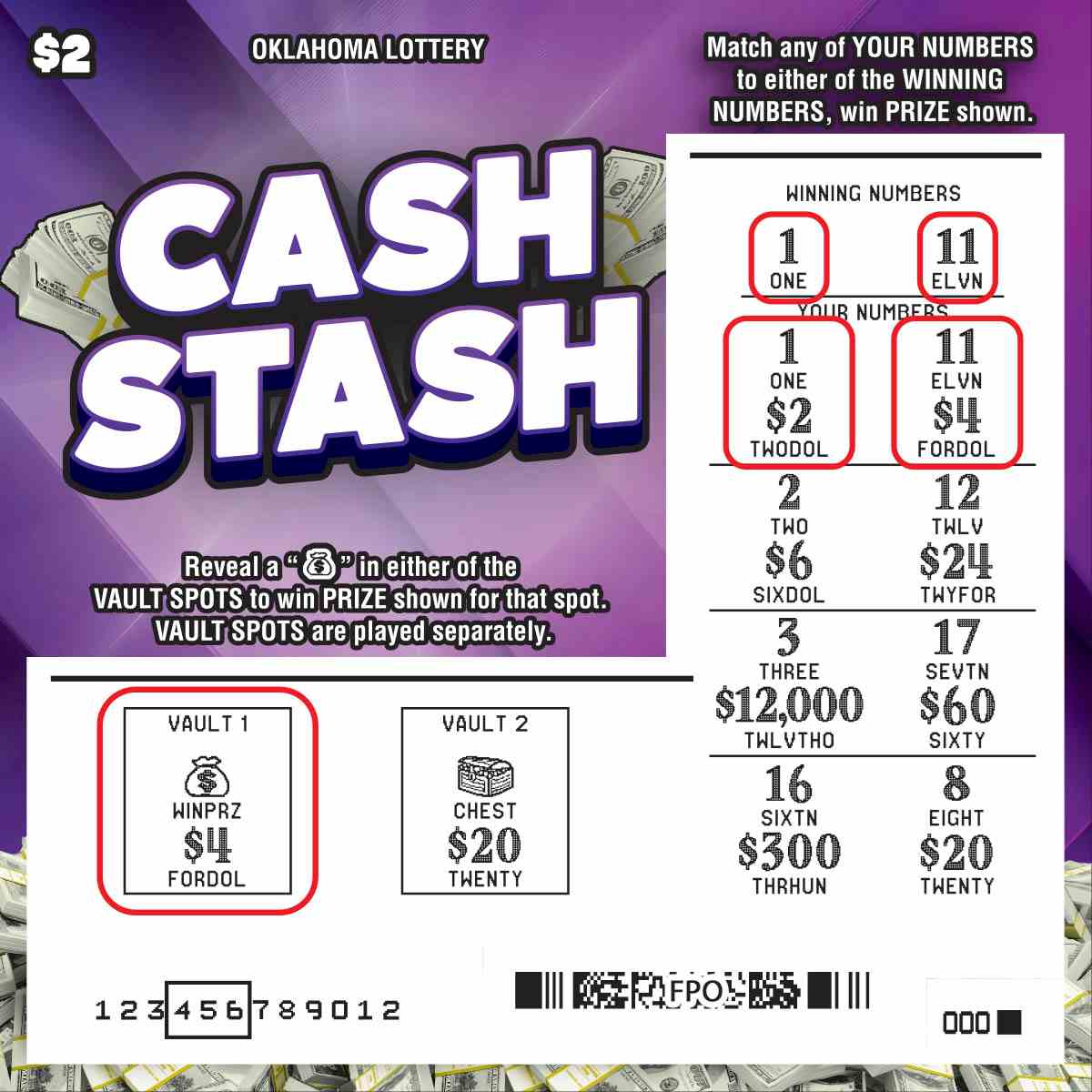Cash Stash scratchcard - game number #840 - front-scratched
