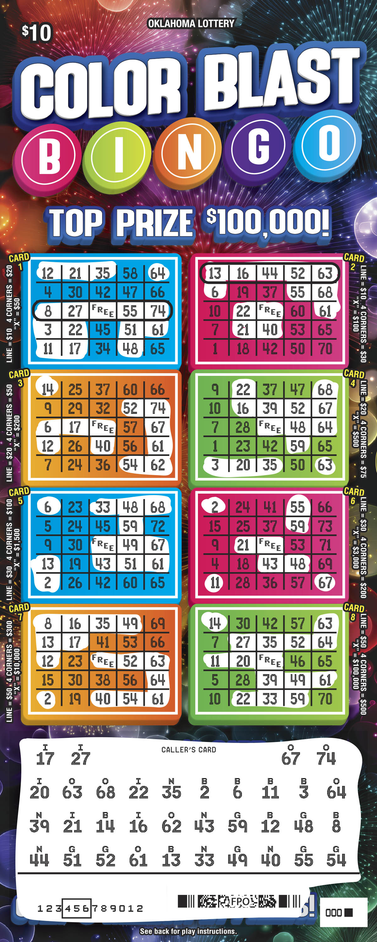 Color Blast Bingo scratchcard - game number #851 - front-scratched