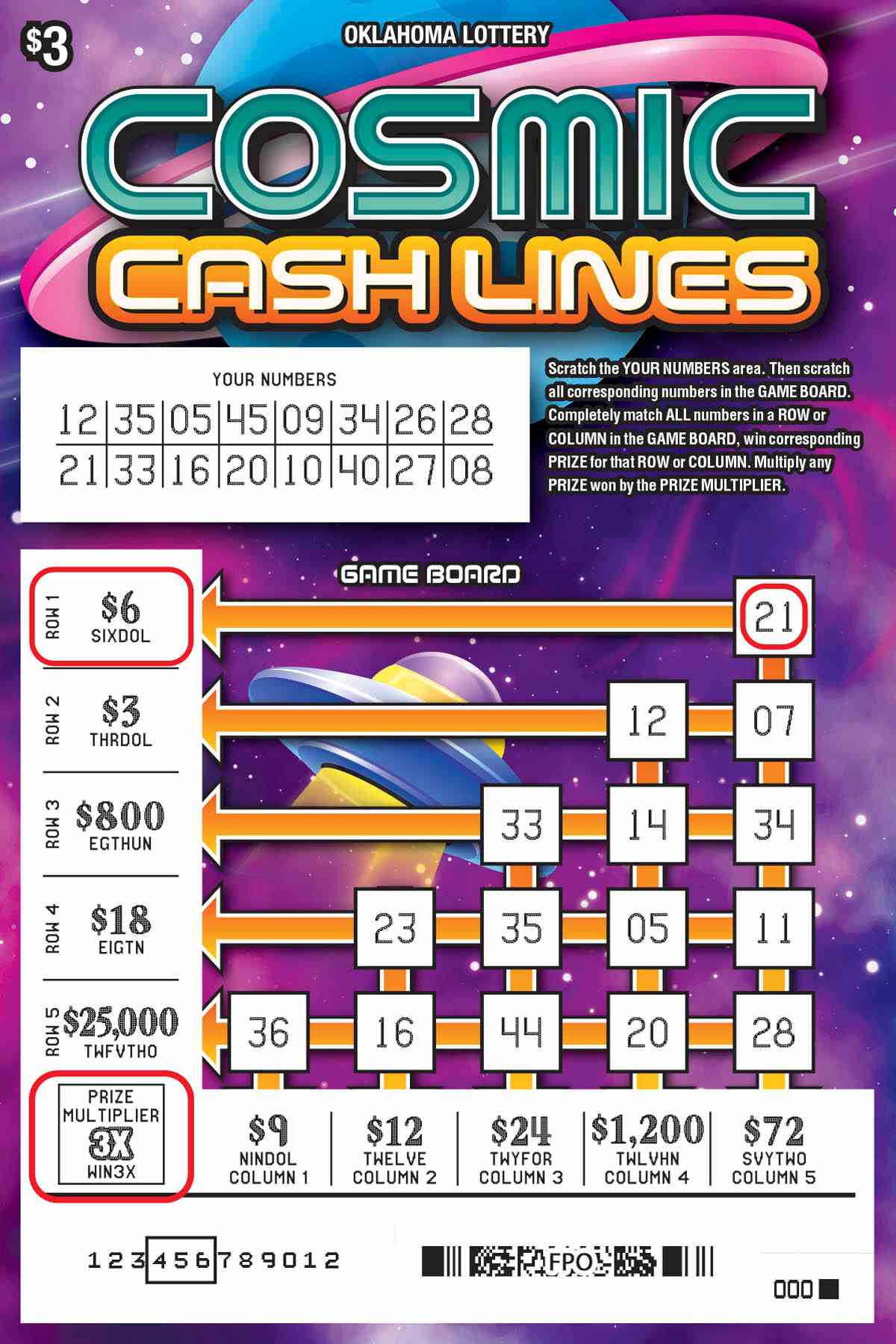 Cosmic Cash Lines scratchcard - game number #758 - front-scratched