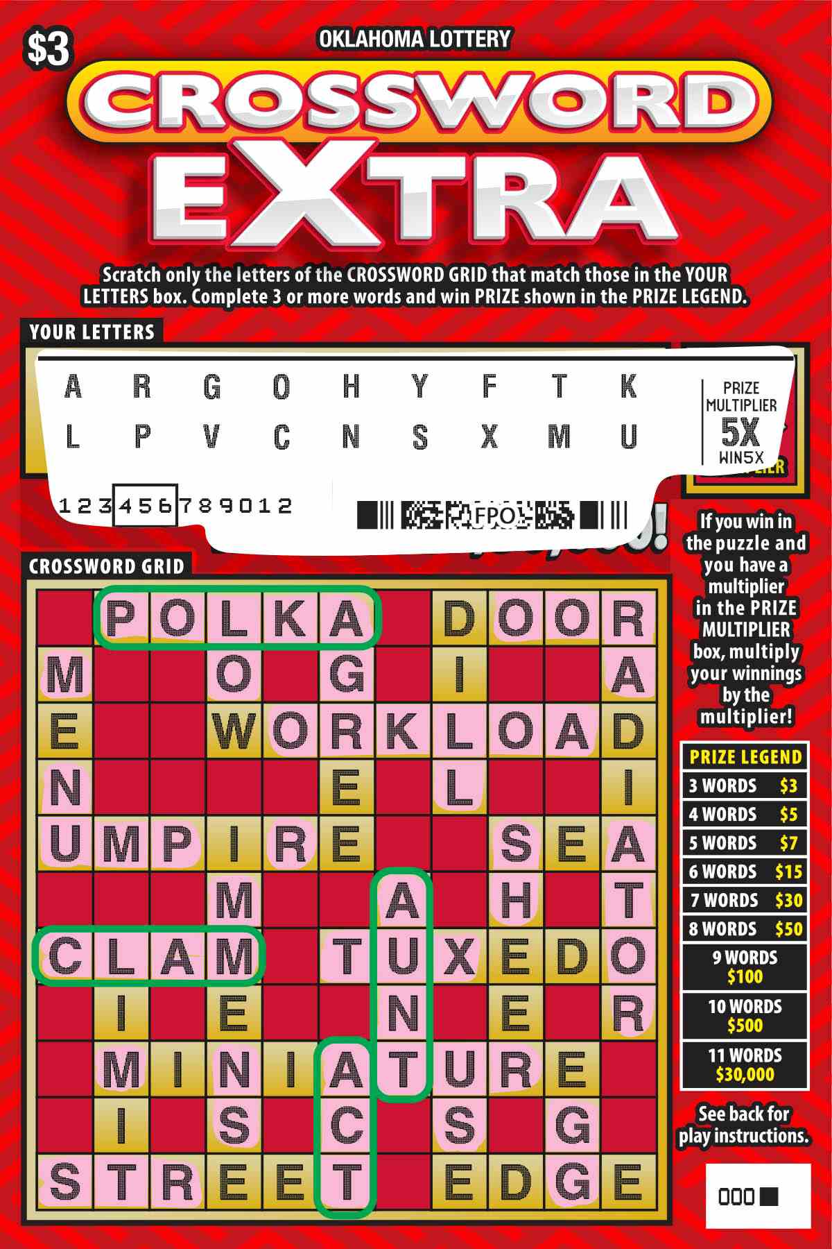 Crossword Extra scratchcard - game number #850 - front-scratched