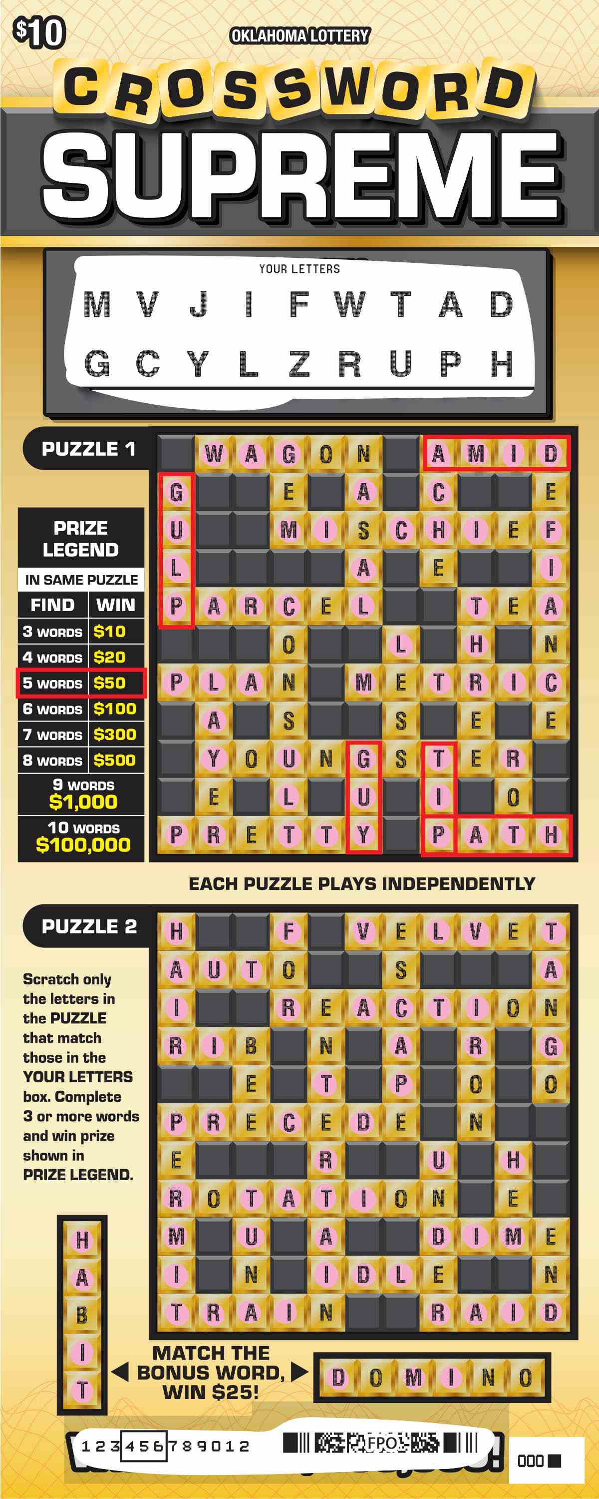 Crossword Supreme scratchcard - game number #774 - front-scratched