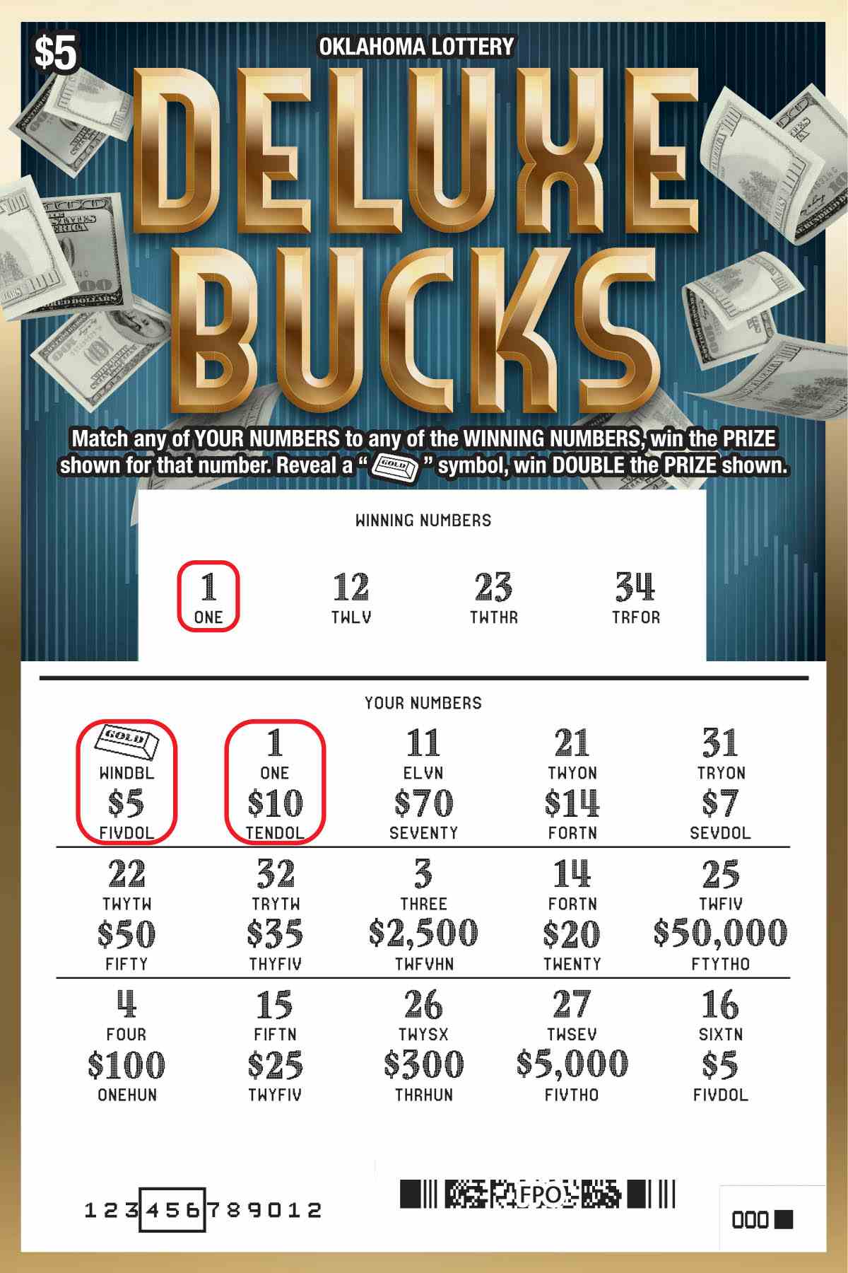 Deluxe Bucks scratchcard - game number #843 - front-scratched