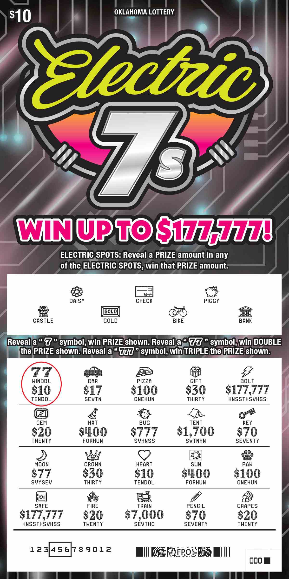 Electric 7S scratchcard - game number #739 - front-scratched