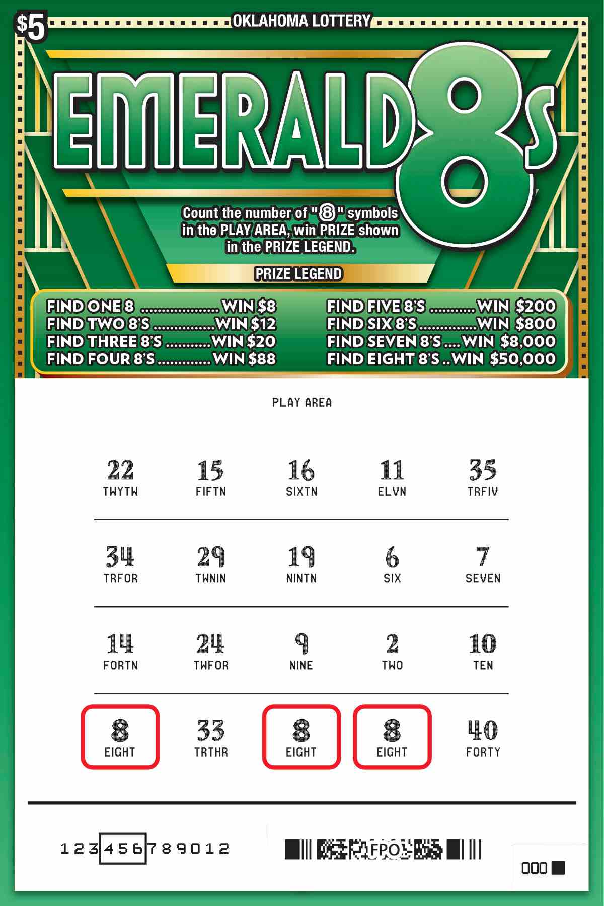 Emerald 8S scratchcard - game number #788 - front-scratched