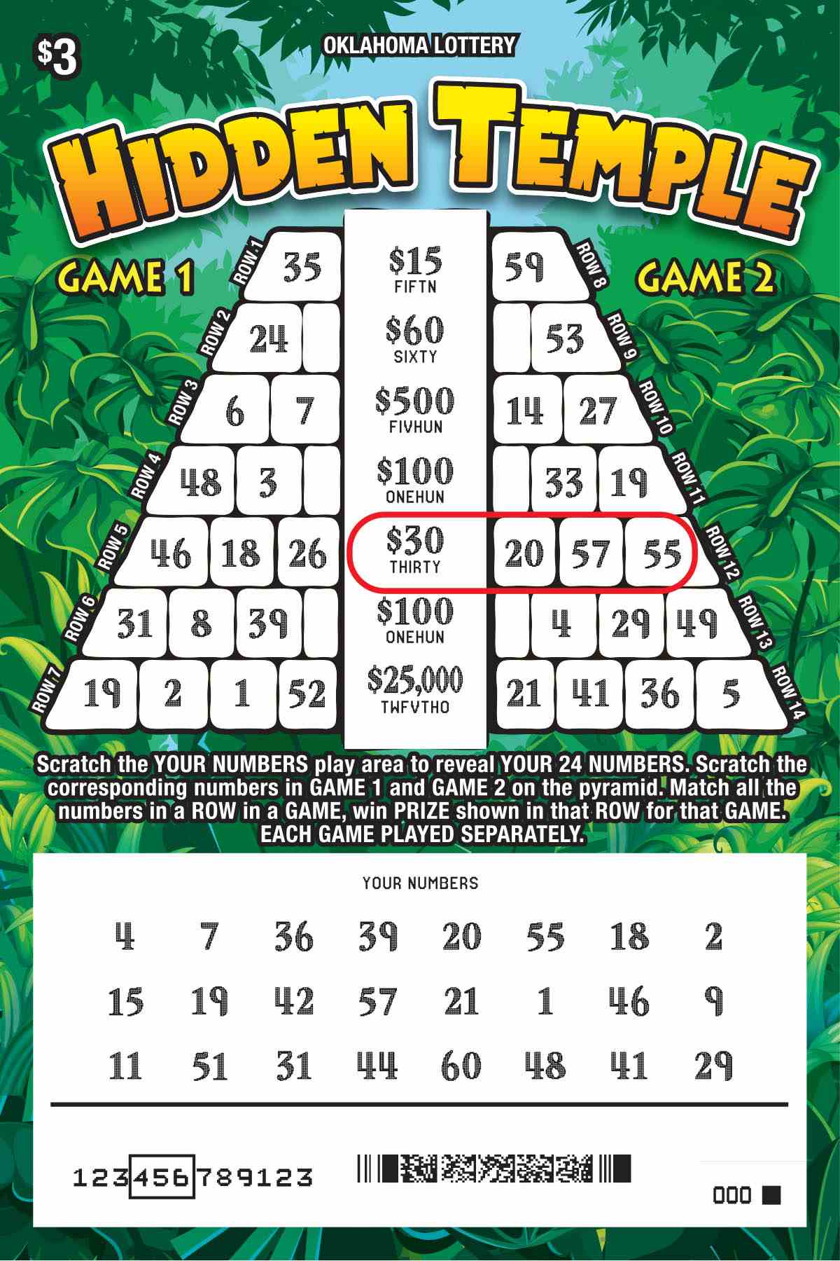 Hidden Temple scratchcard - game number #628 - front-scratched