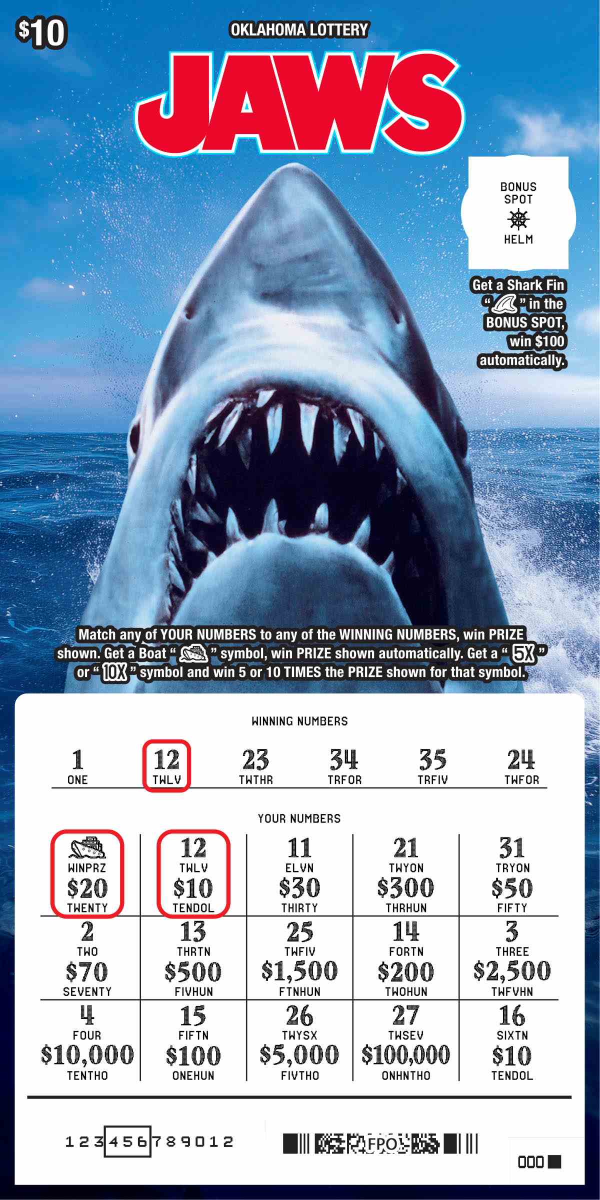 Jaws scratchcard - game number #834 - front-scratched