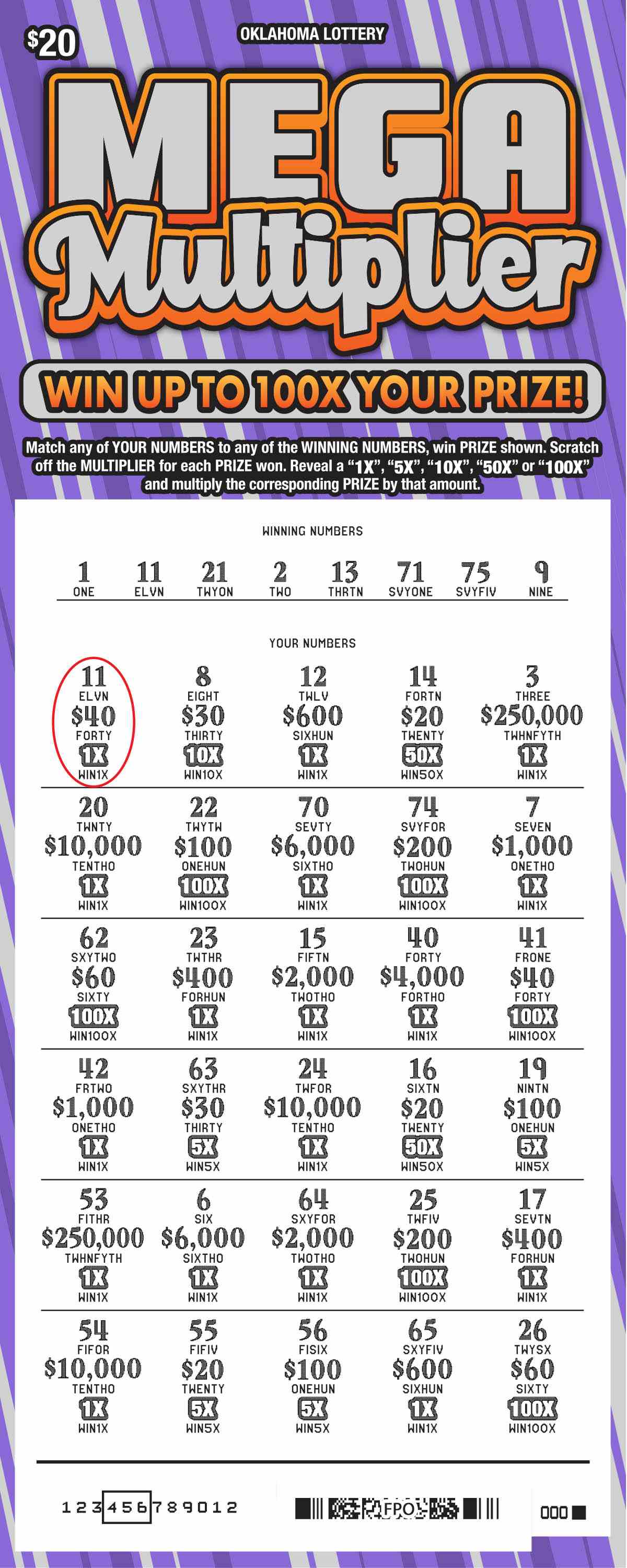 Mega Multiplier scratchcard - game number #740 - front-scratched