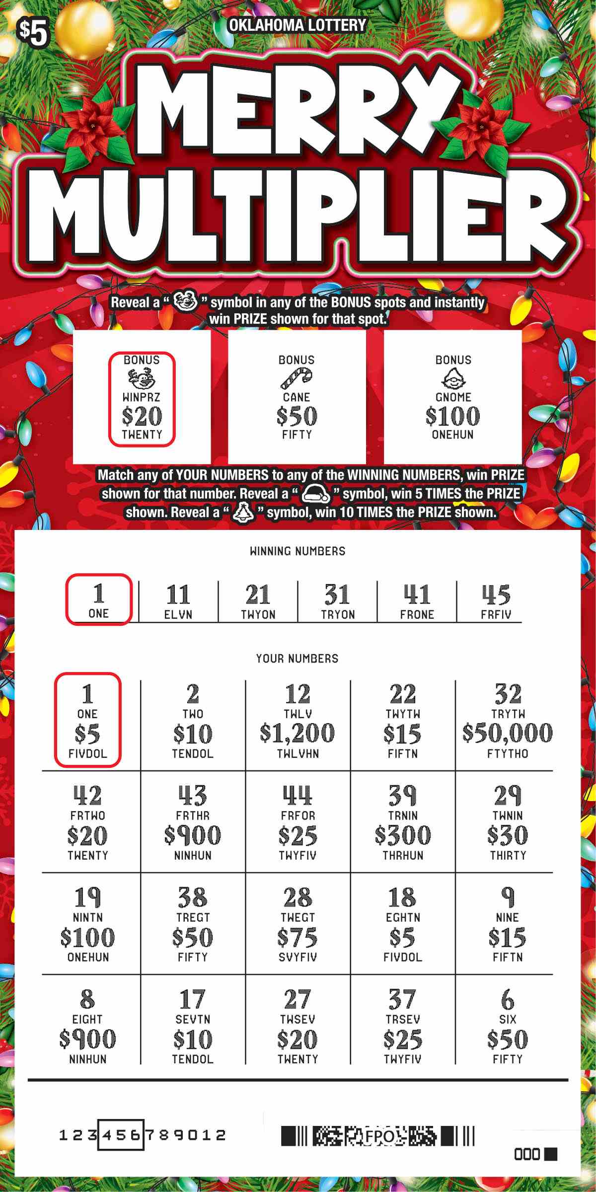 Merry Multiplier scratchcard - game number #768 - front-scratched