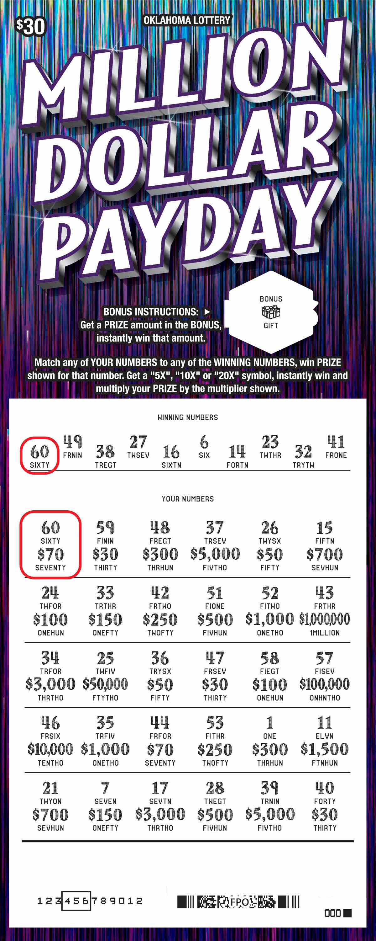 Million Dollar Payday scratchcard - game number #802 - front-scratched