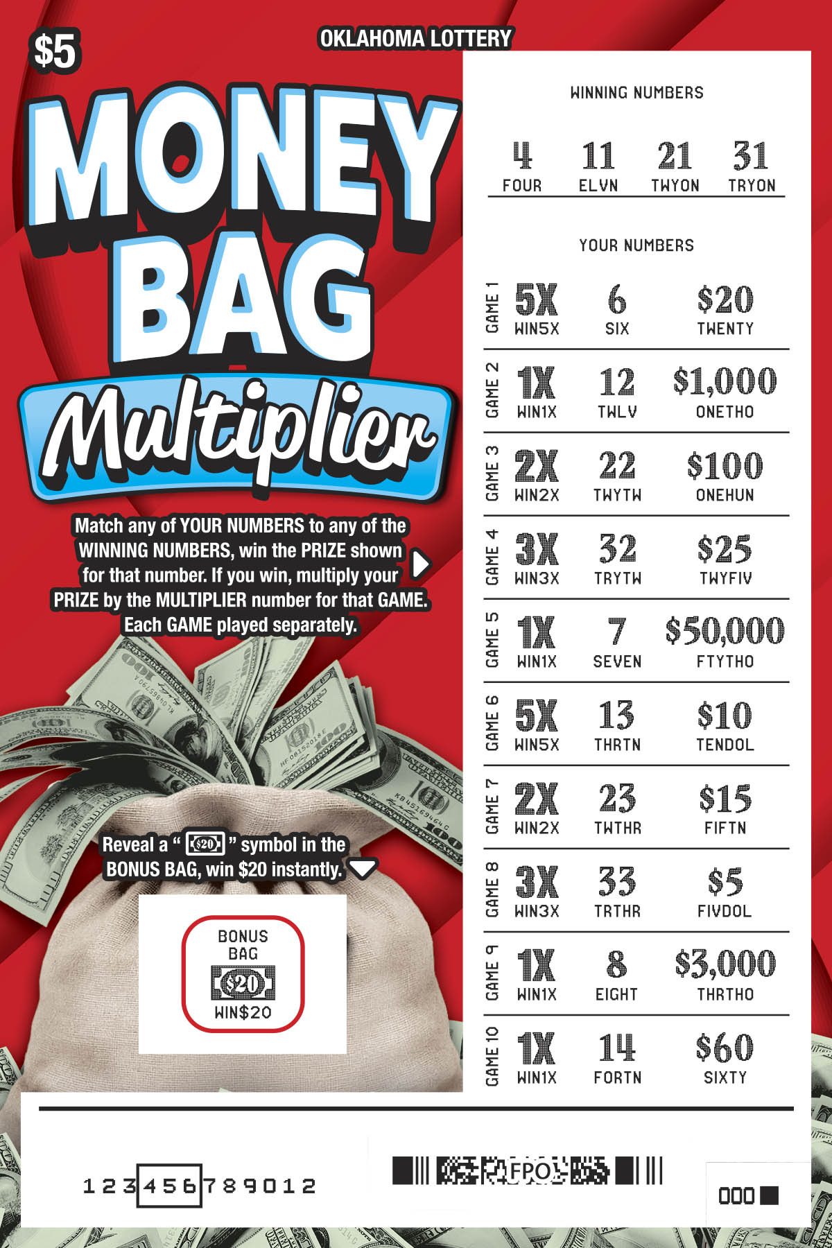 Money Bag Multiplier scratchcard - game number #848 - front-scratched