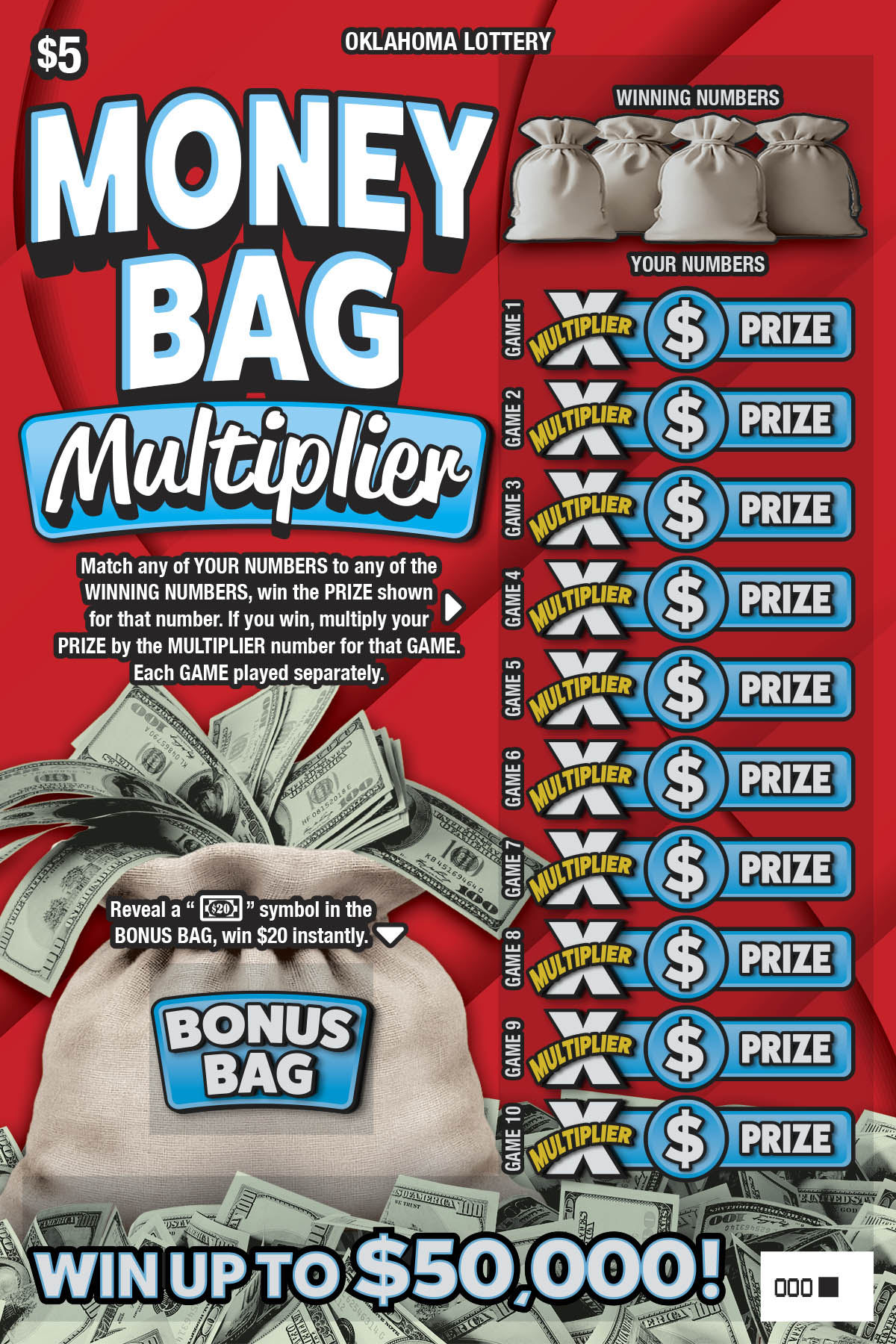 Money Bag Multiplier scratchcard - game number #848 - front