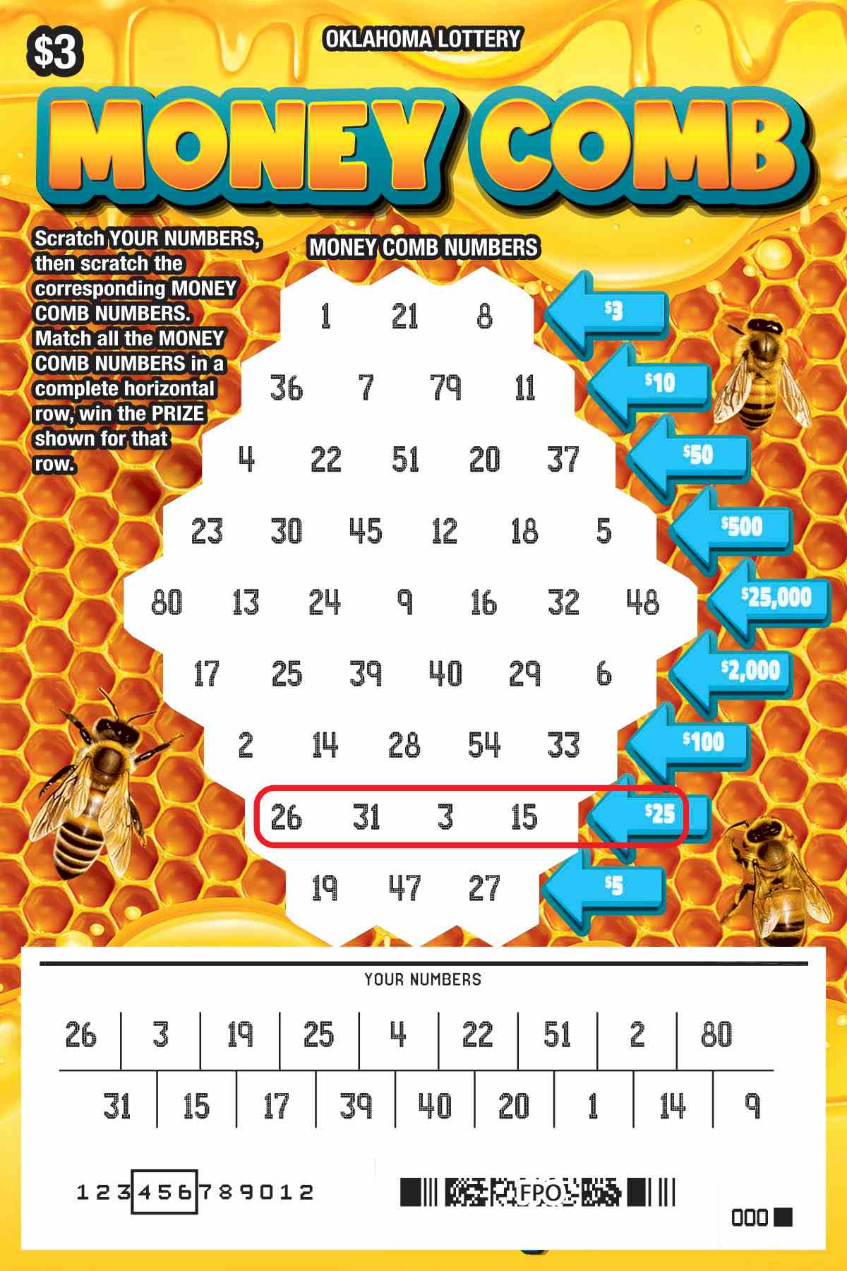 Money Comb scratchcard - game number #832 - front-scratched