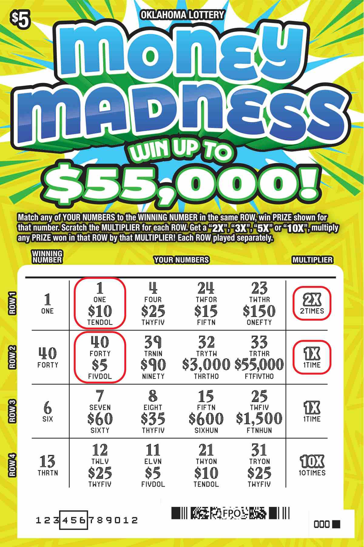 Money Madness scratchcard - game number #756 - front-scratched