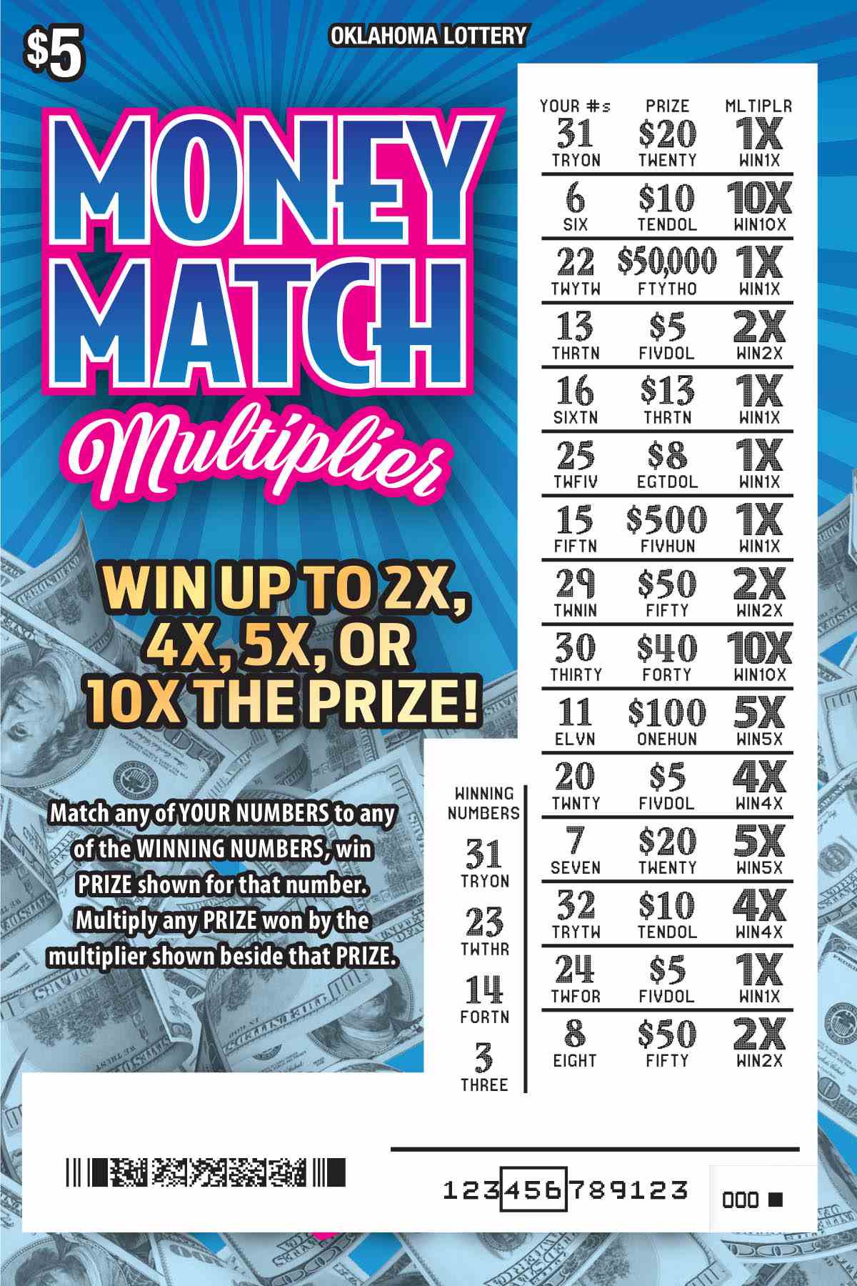 Money Match Multiplier scratchcard - game number #616 - front-scratched