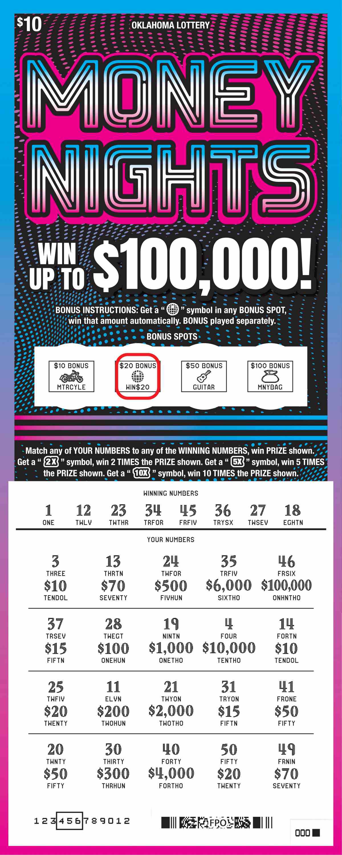 Money Nights scratchcard - game number #805 - front-scratched