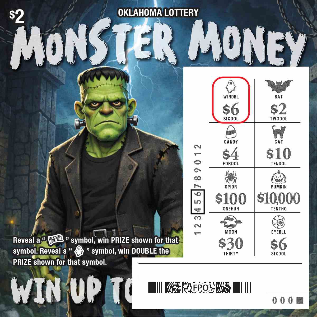 Monster Money scratchcard - game number #866 - front-scratched