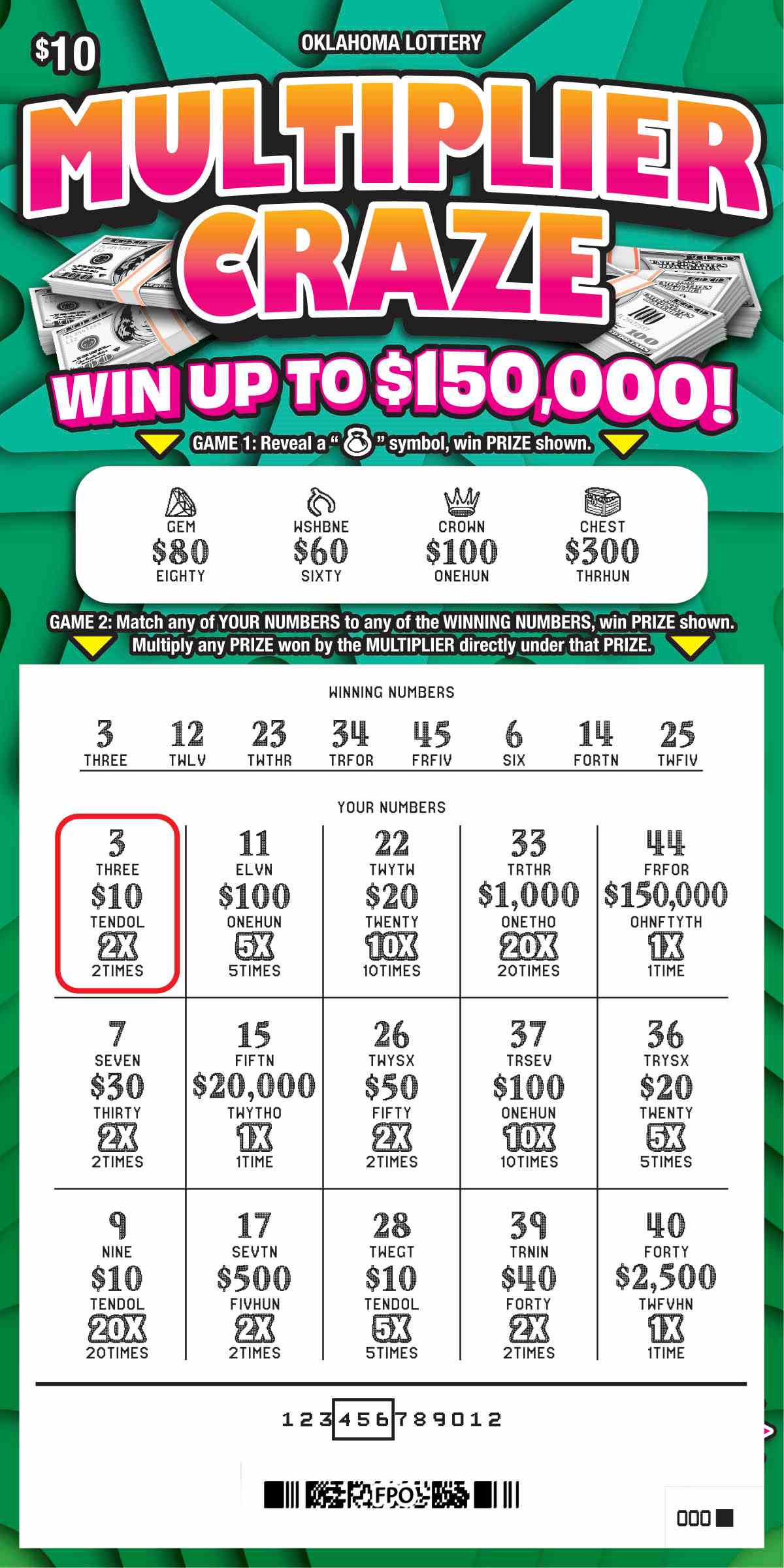 Multiplier Craze scratchcard - game number #760 - front-scratched