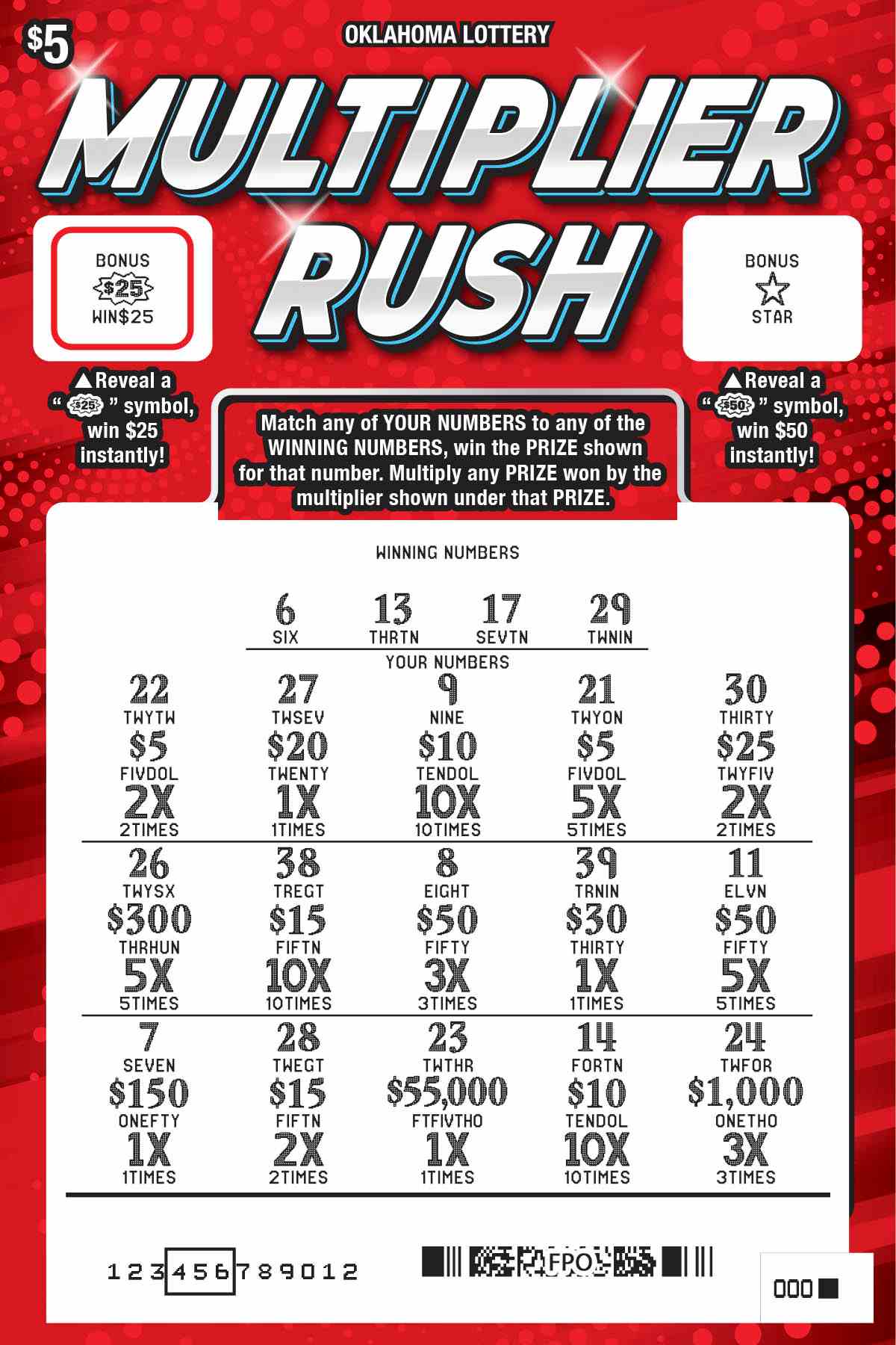 Multiplier Rush scratchcard - game number #781 - front-scratched