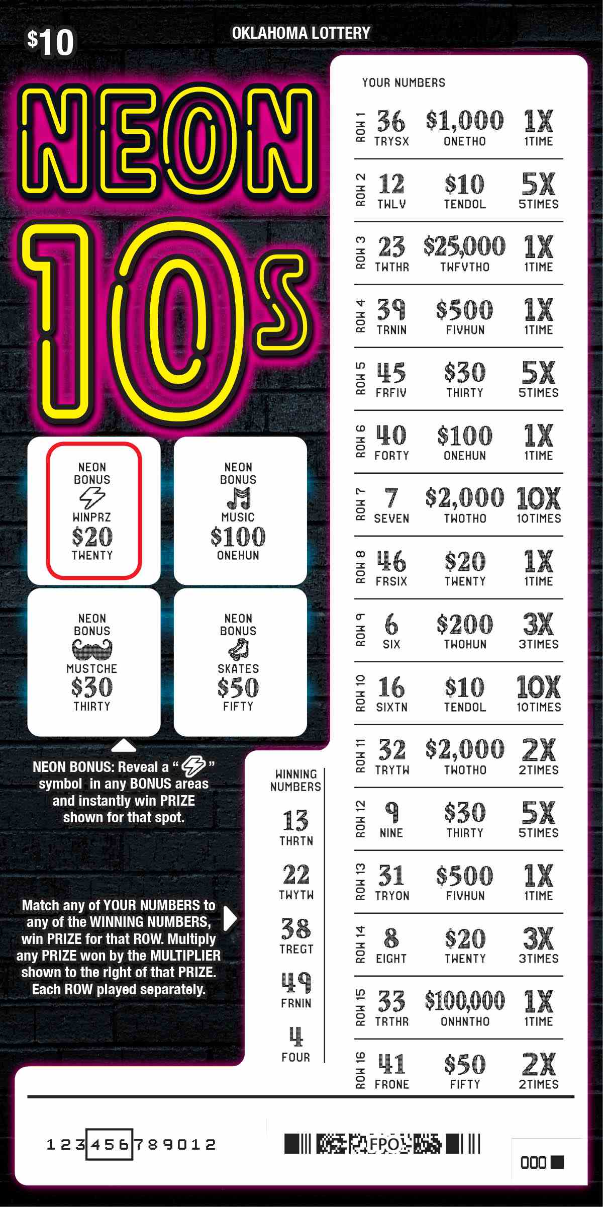 Neon 10S scratchcard - game number #782 - front-scratched